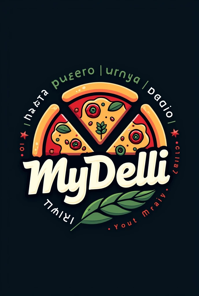 I NEED TO CREATE A LOGO FOR A PIZZA PLACE  THE NAME OF THE PIZZA PLACE IS MYDELLI AND IT NEEDS TO BE MODERN VIBRANT COLORS, YOUR BACKGROUND NEEDS TO BE DARKER COLORS AND WITH SOME ELEMENTS.
