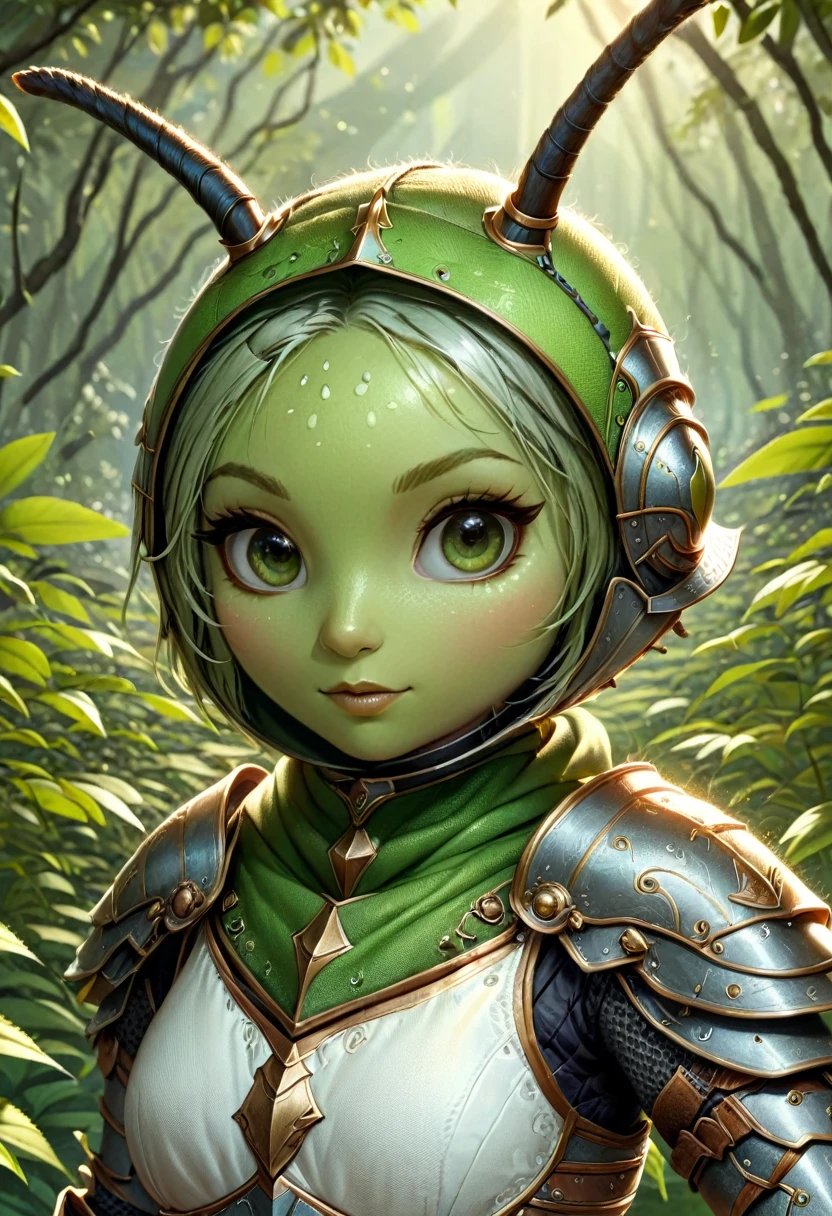 Anthropomorphic female grasshopper knight Official Art – An Award-Winning Digital Masterpiece In 4K Ultra HD, Extreme Detail And Intricate Realism. Symmetrical Face. This Concept Art Brought To Life By The Hands Of Artists Like Wlop & Artgerm In A Stunning 2D Vector Illustration.Background Is A Panoramic Vista.
