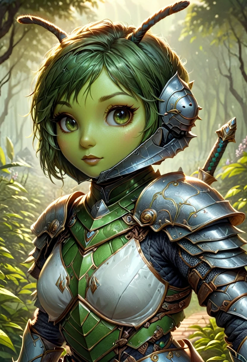 Anthropomorphic female grasshopper knight Official Art – An Award-Winning Digital Masterpiece In 4K Ultra HD, Extreme Detail And Intricate Realism. Symmetrical Face. This Concept Art Brought To Life By The Hands Of Artists Like Wlop & Artgerm In A Stunning 2D Vector Illustration.Background Is A Panoramic Vista.
