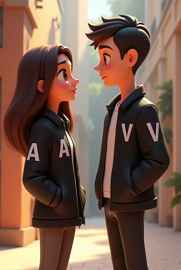 Animated man and woman couple, with initials A and V on their black jackets