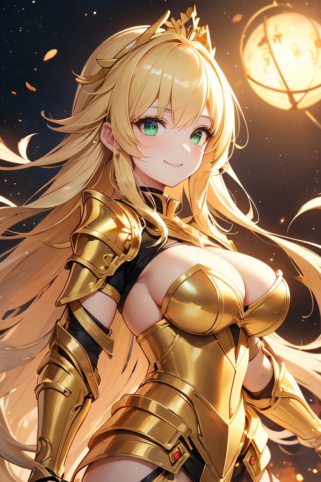 Ultra HD、Ultra-clear、White and beautiful translucent skin、Beautiful and well-proportioned face、Cute smile、Sagittarius Warrior、Covered entirely in golden armor、Holy knight in golden armor、Golden Tiara、Golden armor with ornate carvings covering the entire body、Heavy golden armor、Translucent beautiful green eyes、Blonde、Big Breasts、Outer space background、