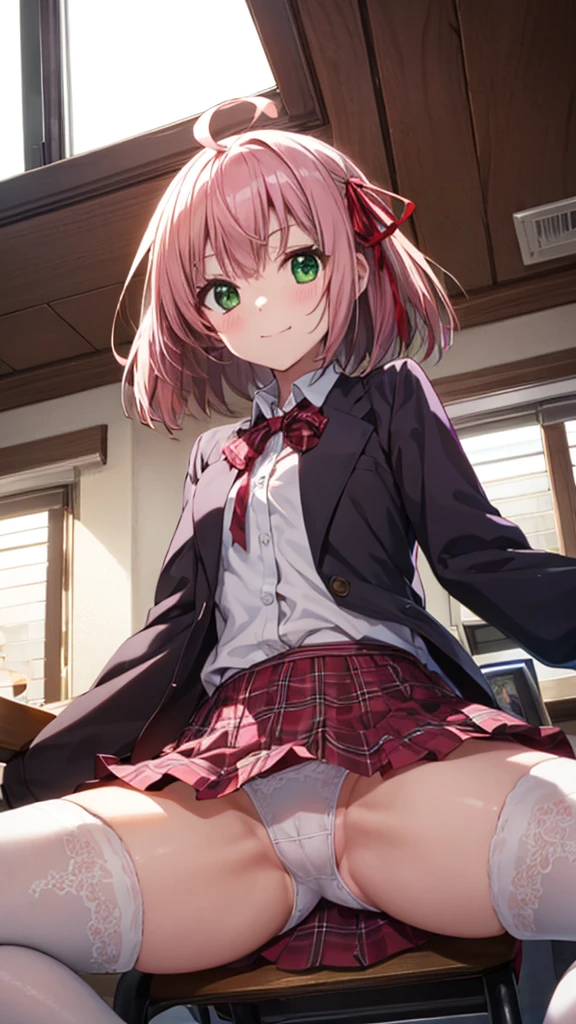 nsfw,cherry blossom cream, short hair, ribbon, Green Eyes, hair ribbon, Pink Hair, Ahoge,
skirt, Plaid, Plaid skirt, shirt, white shirt, collared shirt, Jacket, Long sleeve, Captivating smile,masterpiece,Noise Reduction,Perfect Anatomy,High resolution, Very detailed,Game CG,Dutch Angle ,Beautiful attention to detail,Visual Arts,
Cowboy Shot、(White panties)、(from below),(,arms behind back,)、Sit on a chair、Spread your legs、