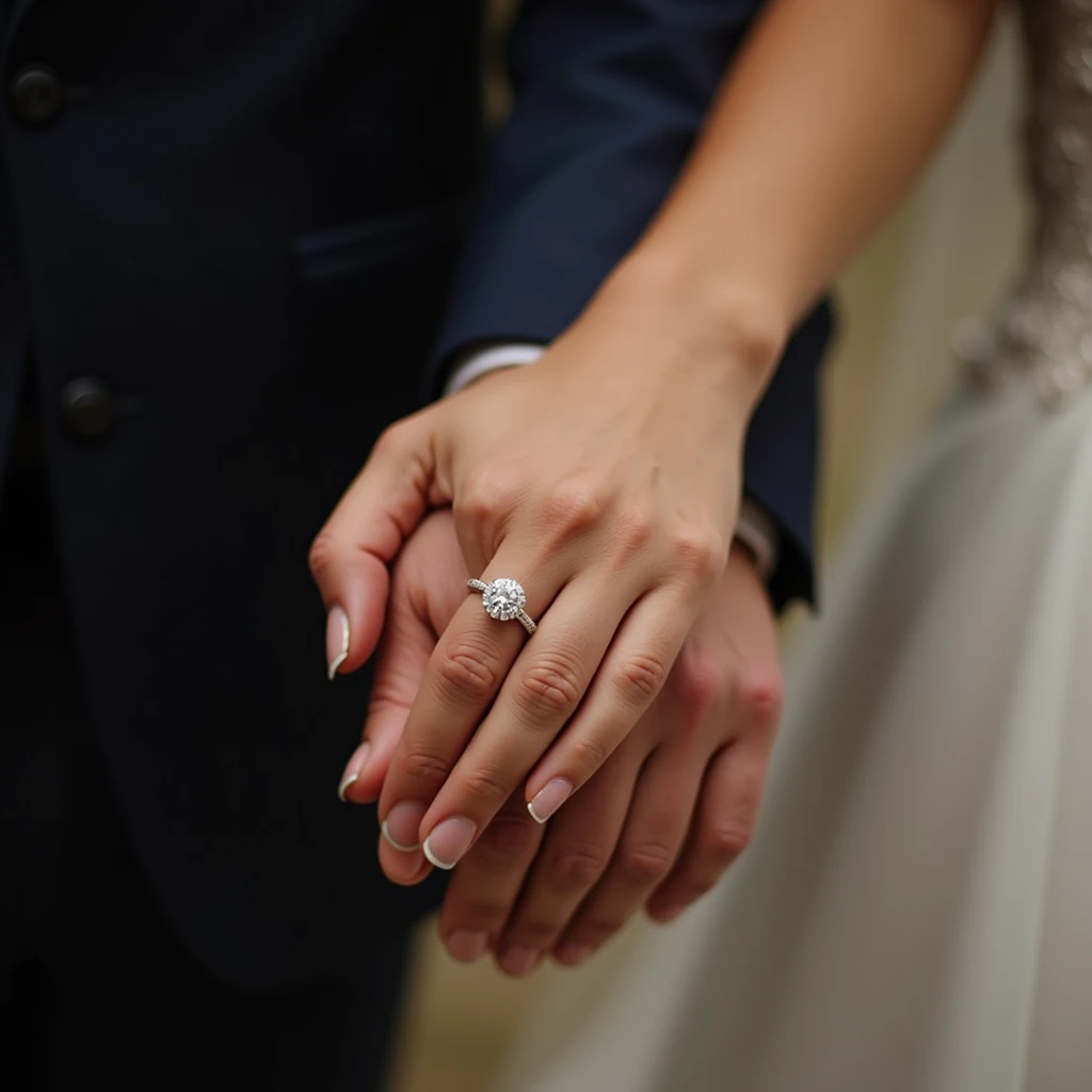 Zoom up Wedding couple hand with diamond ring 4prong in romantic place
