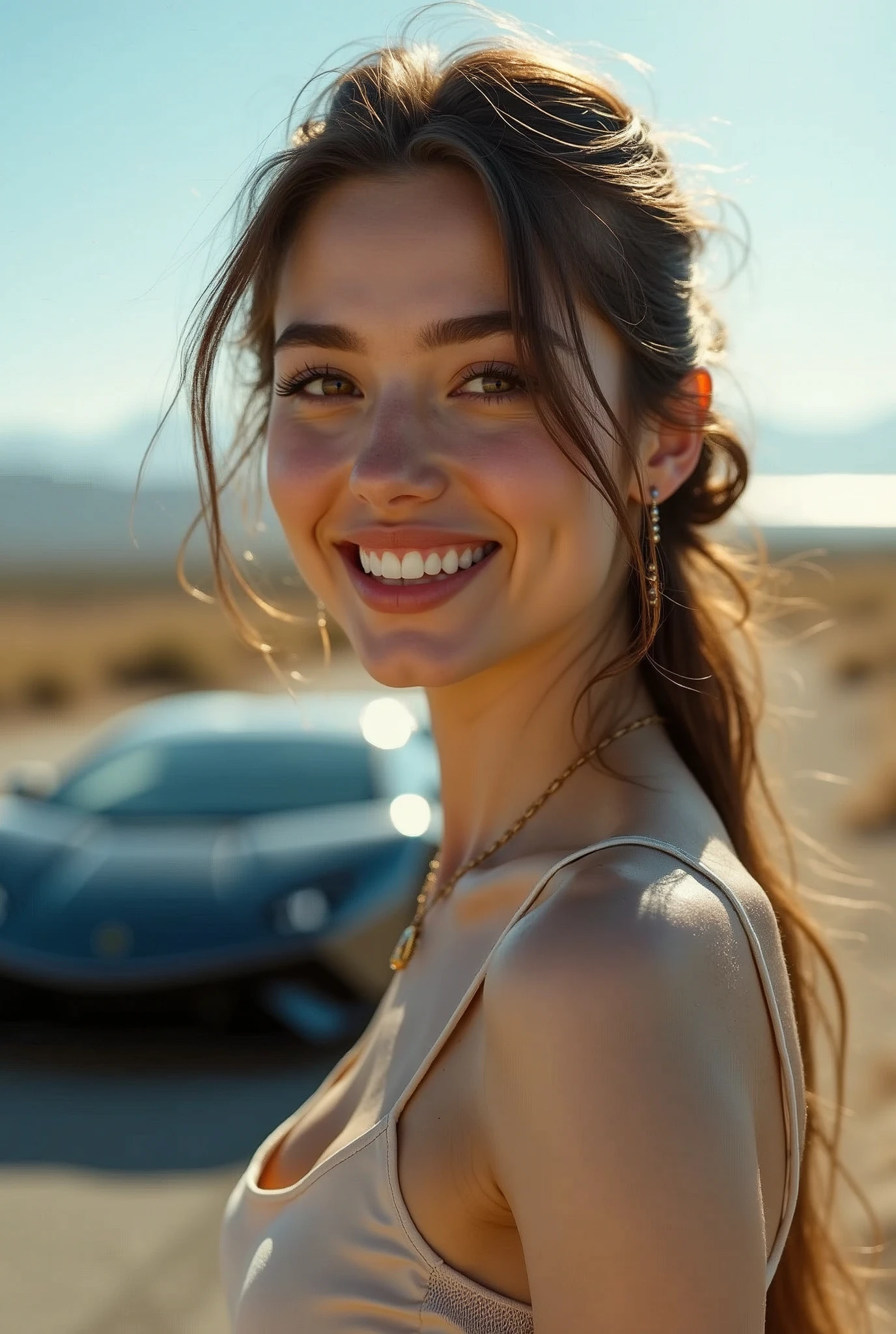 long shot scenic professional photograph of High quality, masterpiece, 1 girl, age 19 years, exquisite facial features, relaxed and confident, glowing snow white soft skin, alluring sexy wide smile, exposing symmetrical perfect pearl white teeth, gazelle eyes, exquisite hazel brown hair, 8K quality, gorgeous light and shadow, Tyndall effect, halo, messy hair, young state, medium breasts, goddess, dream girl, gorgeous scenes, standing outside in open air, sipping Starbuck coffee jar, 1 luxurious 2023 Lamborghini Revuelto in background, parked facing front, 20 m distance far away behind girl, display car face with emblem, showcasing complete professional motorsport driver Outfit kit, Dynamic Poses, Dynamic Styles, from above, symmetric car geometry, perfect built, perfect size, perfect dimensions, perfect proportions, perfect rooftop geometry, random colours, perfect wheels geometry, perfect pillars and fenders geometry, 1 vehicle, perfect viewpoint, highly detailed, wide-angle lens, hyper realistic, with dramatic sky, polarizing filter, natural lighting, vivid colors, everything in sharp focus, HDR, UHD, 64K, RAW candid cinema, 16mm, color graded portra 400 film, remarkable color, ultra realistic, textured skin, remarkable detailed pupils, realistic dull skin noise, visible skin detail, skin fuzz, dry skin, shot with cinematic camera