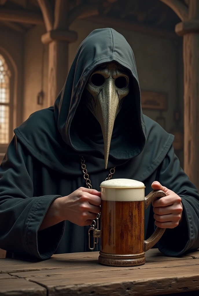 A Black Death doctor drinking beer from a wooden tankard in a medieval tavern ,
The beer must be in a worn wooden container