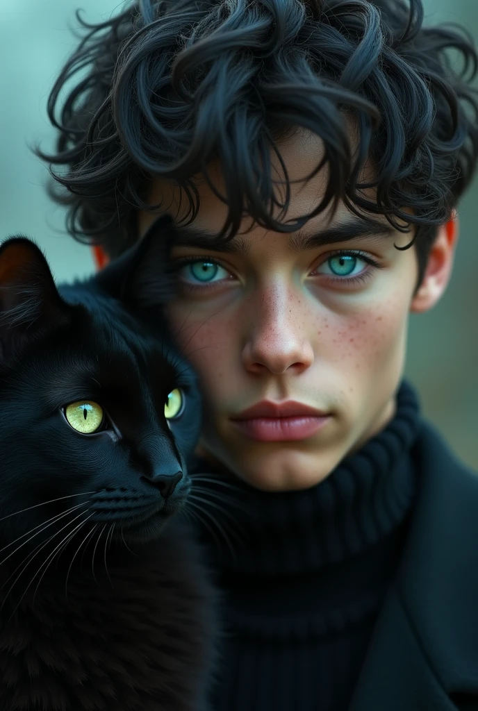A age white male with black hair and heterochromatic eyes, one blue and the other green, with a black cat with heterochromatic eyes, one blue and the other green.