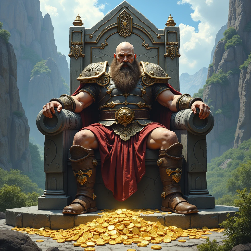dwarven king sitting on a throne of stone, under his feet lie gold coins, in the background mountains covered with greenery, the image causes a feeling of power and might, fantasy drawing