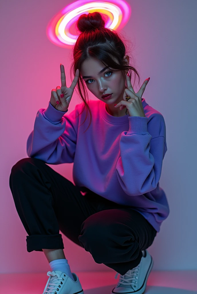  demon girl, Updo. Brown hair color.,halo color rainbow uses crystal lenses, black cargo pants, purple sweatshirt,WHITE TENNIS,poses for a photo making peace signs 