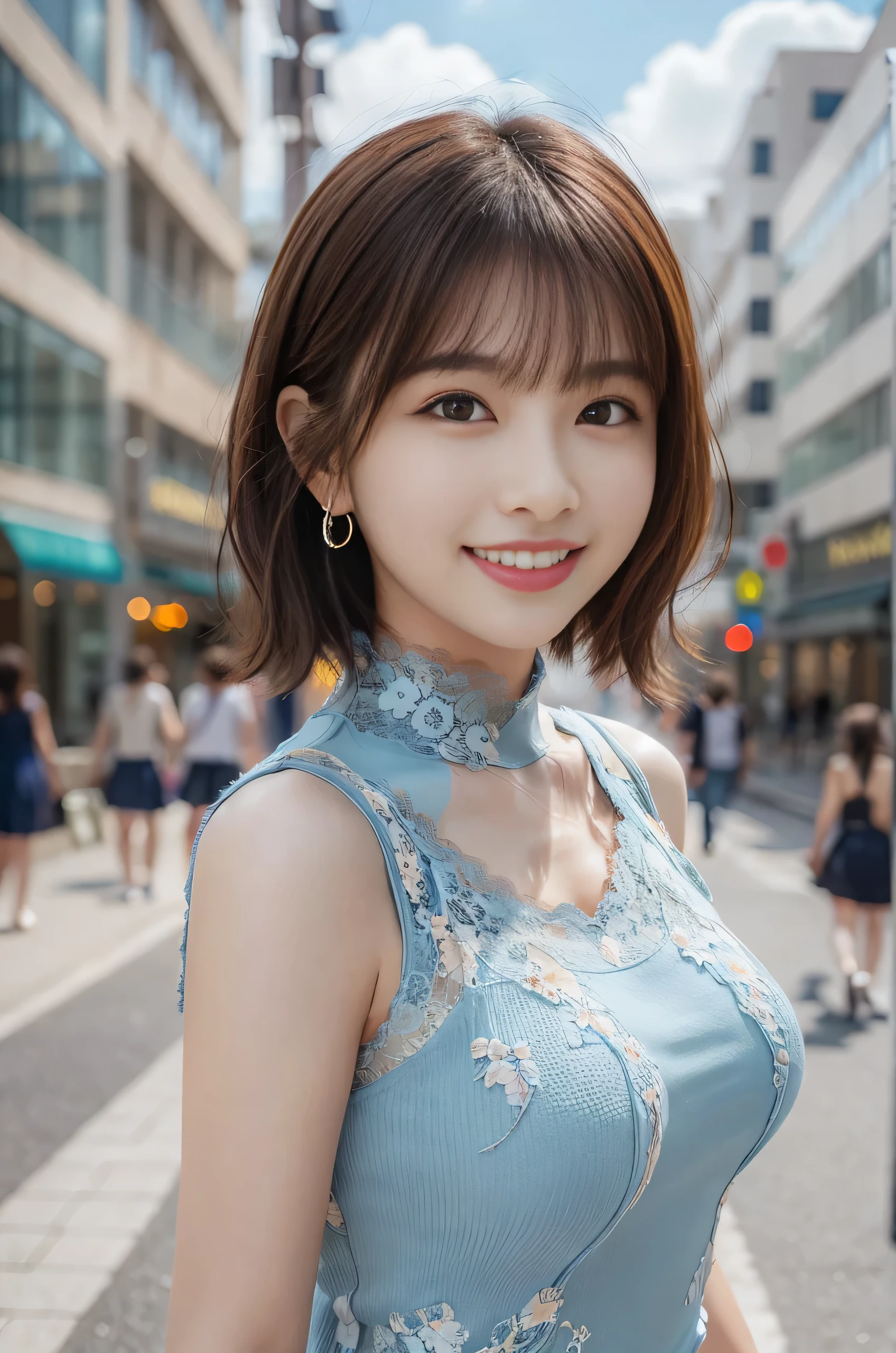 a woman posing on the street corner with light Blue clothes on, Highest quality, 1peopleの, Large Breasts, Day, bright, Blur the background, Bokeh, Outdoor, (street:0.8), (people々, crowd:1), (lace trim dress:1.5, Sleeveless dress, Light blue clothes, Light blue high neck dress:1.2, Blue clothes: 1.5), nice, (short hair, amount:1.2), Beautifully detailed skies, Earrings, (Dynamic pose:1.2), (Upper Body:0.8), Soft lighting, Wind, Glowing Skin, smile,