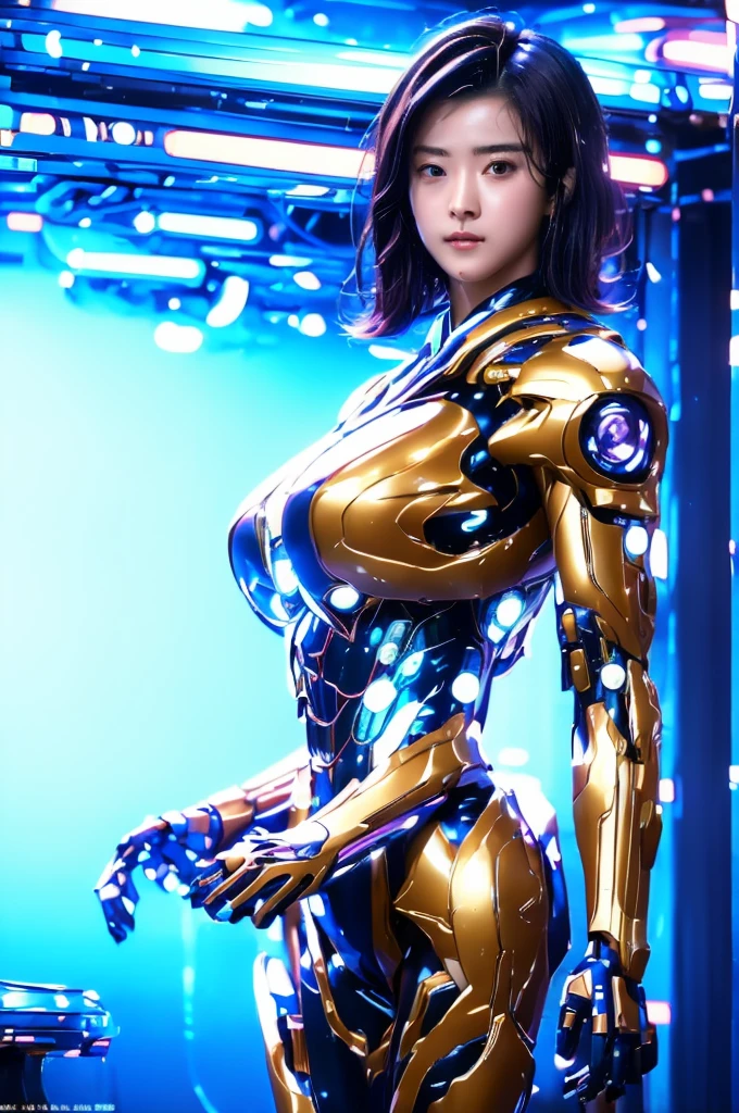 Highest quality, masterpiece, figure, (Realistic, photo-Realistic:1.37), wonderful, In detail, Incredibly absurd, Large file size, Very detailed, High resolution, Very detailed CG Unity 8k wallpaper, Very detailed目と顔, Ray Tracing, Browsing Caution, NUDE, One girl, Korean cyborg girl is innocent and young々Has a sly expression. She poses boldly with her arms raised above her head, Revealing her voluptuous figure. She is wearing a small black mecha armor top that barely covers her breasts., Exposing most of her flawless skin. Her shoulders and head have more armor detailing.、There are shining highlights, Tech Panels and Mechanisms. She is standing against a futuristic cityscape lit up with vibrant neon lights.、Standing full of energy。.