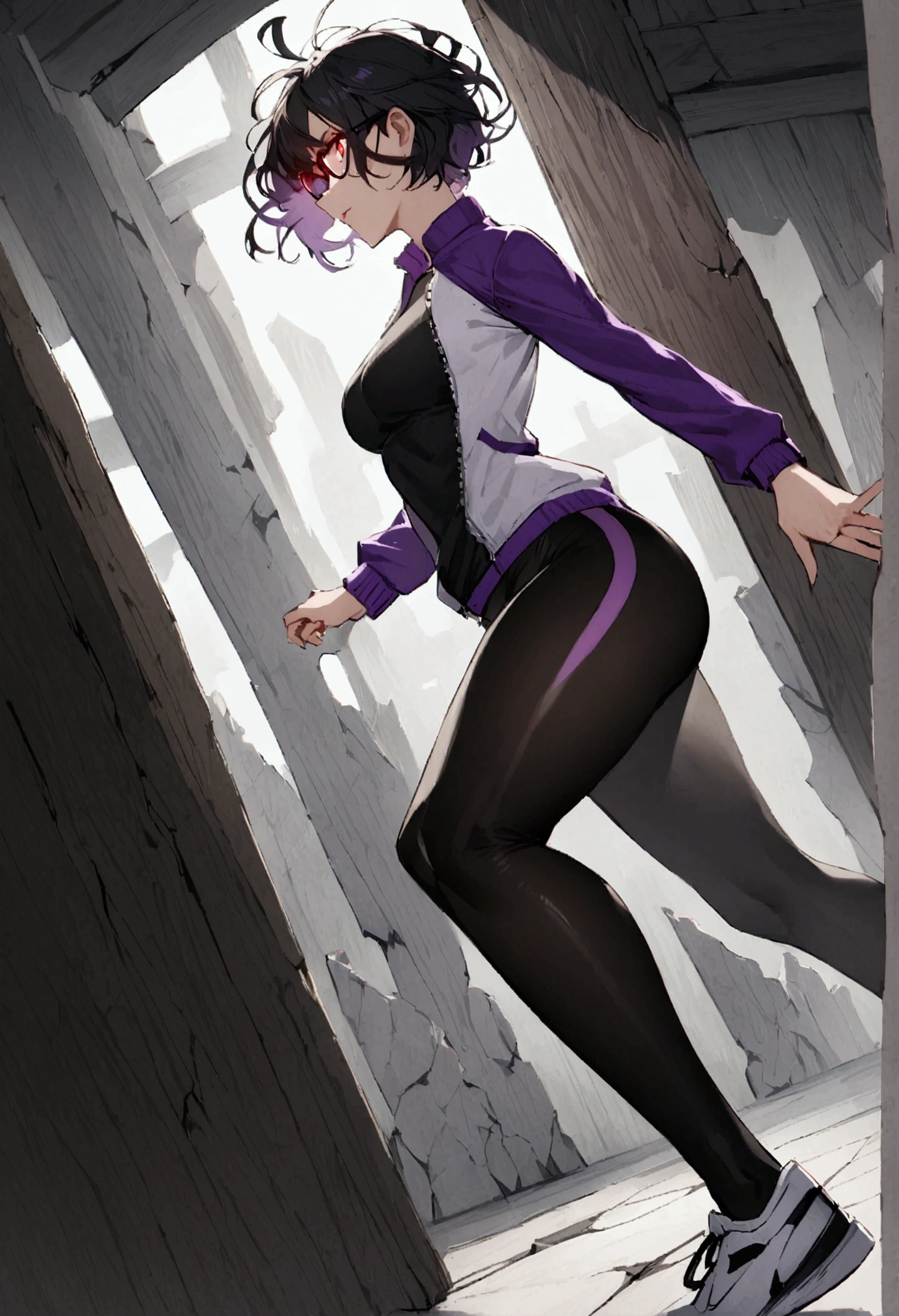 standing,going,sprinting,alone, broken wall,short hair,work of art,face detailed,beautiful young fitness woman with , in a gym wearing May with black pantyhose, white and purple tight short gym jacket. standing alone,red eyes glowing,Evil smile,legging preto ,labiaa,dark eye shadow,shining eyes,neckleace,jacket zipper half open,Tight black shirt,white sports tennis shoes,short hair with purple details,beautiful curves,whole body,hair with purple details,labiaa,detailed face and eyes,work of art,sexy look,pefil from sideways,from sideways,wind in your hair,fully body,glasses on eyes
