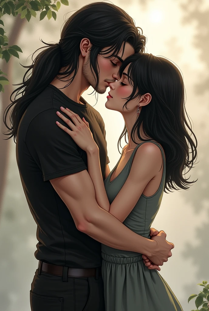 2 people, boy, very beautiful, long black hair, beautiful body, Black T-shirt, black trousers, grey eyes, kisses a girl with shoulder-length black hair and green eyes
