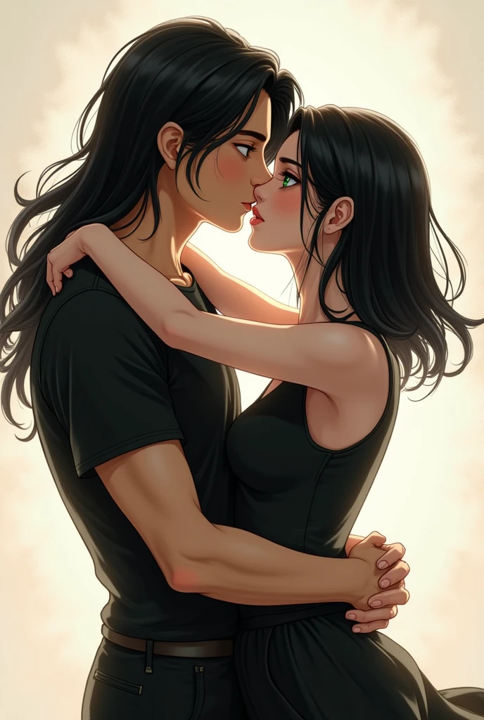 2 people, boy, very beautiful, long black hair, beautiful body, Black T-shirt, black trousers, grey eyes, kisses a girl with shoulder-length black hair and green eyes