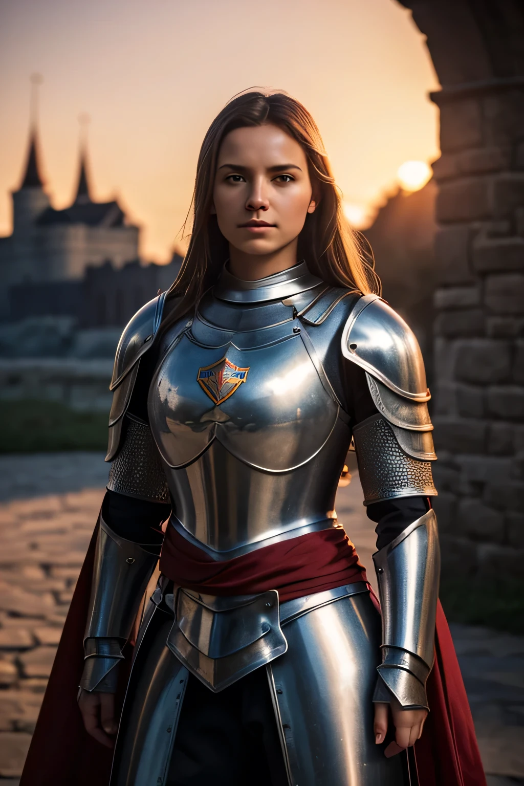 (Photorealism:1.2), beautiful woman,female knight, soveit union, russia, silver armour, red star, red flag, (masterpiece), (Extremely complex:1.3), (Practical), Portrait of a girl, The most beautiful in the world, (Medieval Armor), Metal Reflection, Upper Body, outdoor, Strong sunlight, Distant Castle, Professional photo of stunning woman detailed, Clear focus, dramatic, The award-winning, Movie Lighting, Octane rendering Unreal Engine, Volume measurement dtx, (Film Grain, Blurred background, Blurred foreground, Bokeh, Depth of Field, Sunset, Motion Blur:1.3), Chain Mail