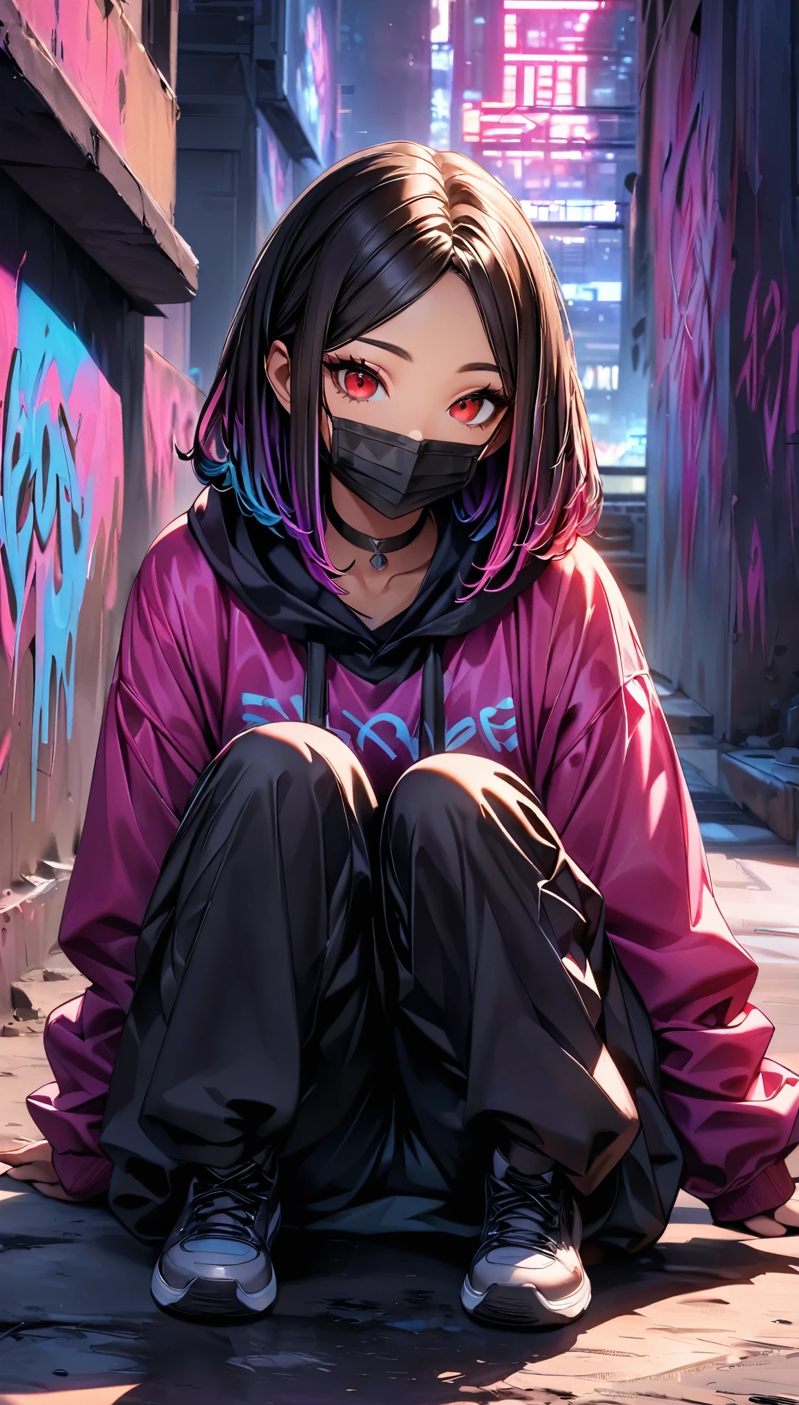 (Highest quality:1.2, Very detailed, up to date, Vibrant, Ultra-high resolution, High Contrast, masterpiece:1.2, Highest quality, Best aesthetics), (((1 person))), Light purple_Rainbow hair girl, Red eyes, Dreadlocks, Black surgical maskの着用, (Black surgical mask:1.2), at night, Colorful hoodies, Black oversized cargo pants, Black choker, (((Sit on the ground, Crouch down:1.4))), Painted walls. The background is a realistic dark slum, smile, Dark Theme, Neon Light, graffiti, at night, city, Dim lighting, mysterious, Glowing Skin, Random Pause:1.2, Perfect Fingers, Five Fingers, Anatomically correct, Background Blur.