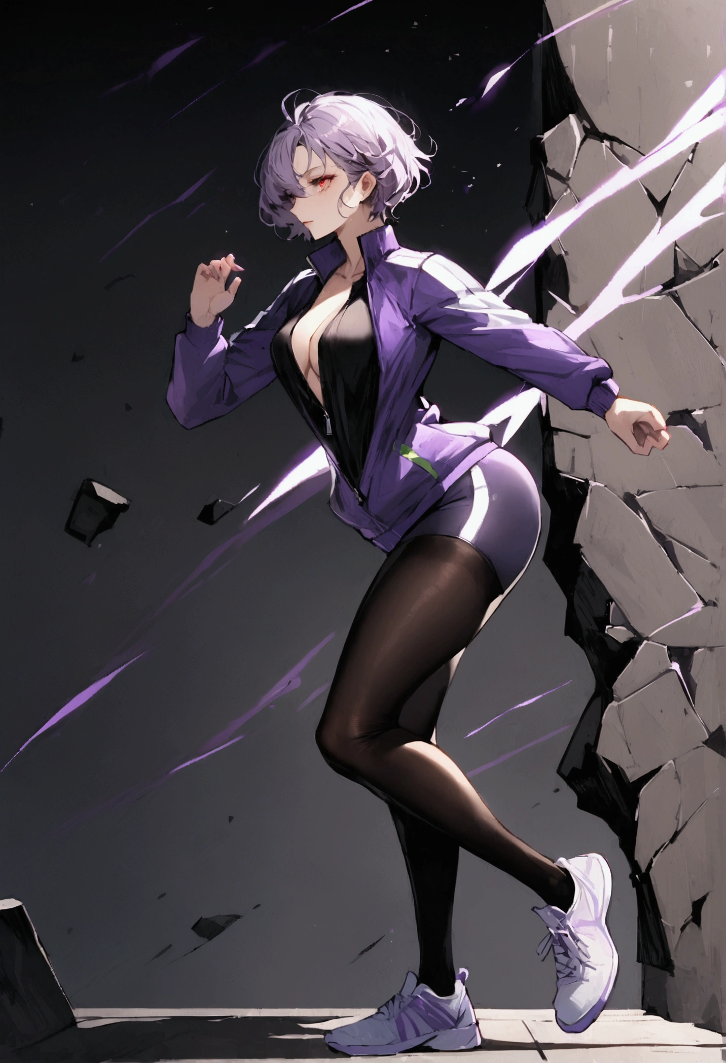 standing,going,sprinting,alone, broken wall,short hair,work of art,face detailed,beautiful young fitness woman with , in a gym wearing May with black hose, white and purple tight short gym jacket. standing alone,red eyes glowing,Evil smile,legging preto ,labiak eye shadow,shining eyes,neckleace,jacket zipper half open,Tight black shirt,white sports tennis shoes,short hair with purple details,beautiful curves,whole body,hair with purple details,labiaa,det face and eyes,work of art,sexy look,pefilom sideways,from sideways,wind in your hair,fully body,glasses on eyes