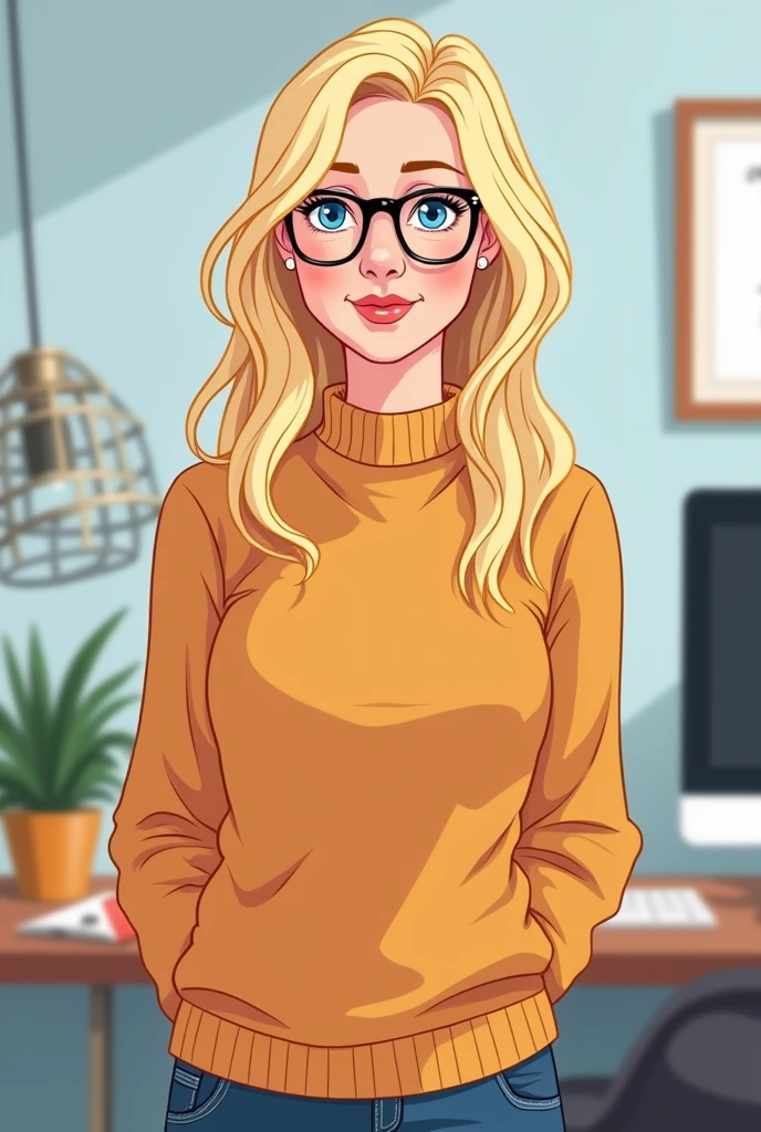 35 year old skinny woman with long blonde hair in a sweater at her office blue eyes and glasses clipart style drawing character