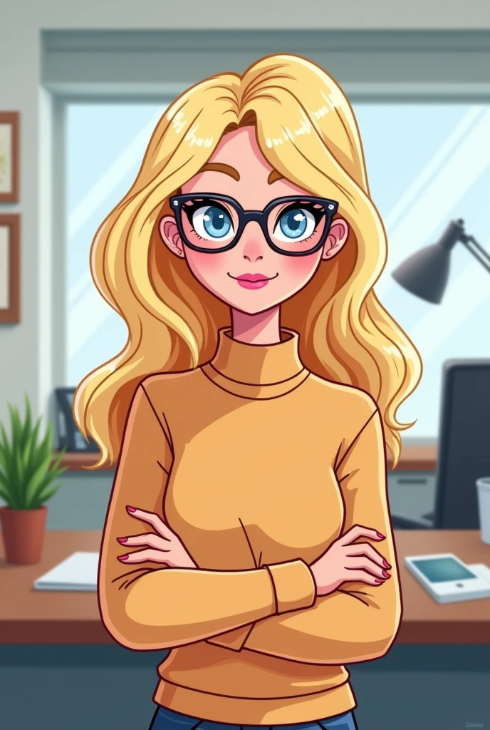 35 year old skinny woman with long blonde hair in a sweater at her office blue eyes and glasses clipart style drawing character