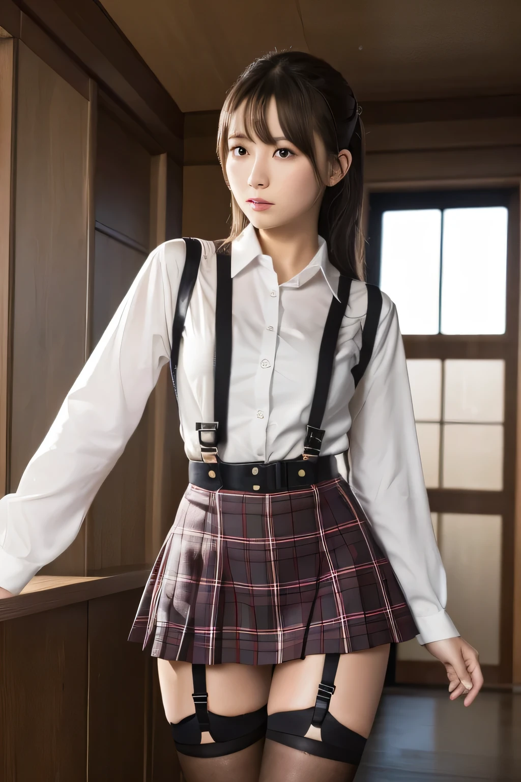 1 female, , high quality, masterpiece, Ultra-high resolution, Cinema Lighting, 1 female, , high quality, masterpiece, Ultra-high resolution, , Cinema Lighting, suspenders Moderate breasts Small face Looking up Sweat Thin belt buzzer 脇Sweat garter belt Belt on pants holster Hands behind your back Looking up Anxious face Knee-high Knee socks Knee-highソックス garter ふとももにgarter belt Checkered mini skirt Panty shot Skirt gap Armament holster holster Hands behind your back Anxious expression Anxious face, legs apart Armament Leg Holster holster See-through clothing heavy rain Rain-soaked dress shirt,Moderate breasts ガーターbelt suspenders Garter on the thigh Checkered mini skirt Looking up Pause belt Armpit sweat Hands behind back Raise your hands
