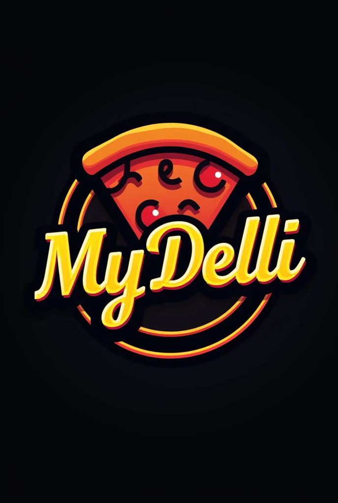 I NEED TO CREATE A LOGO FOR A PIZZA PLACE THE NAME OF THE PIZZA PLACE IS MYDELLI AND IT NEEDS TO BE MODERN VIBRANT COLORS, YOUR BACKGROUND NEEDS TO BE DARKER COLORS AND WITH SOME ELEMENTS.