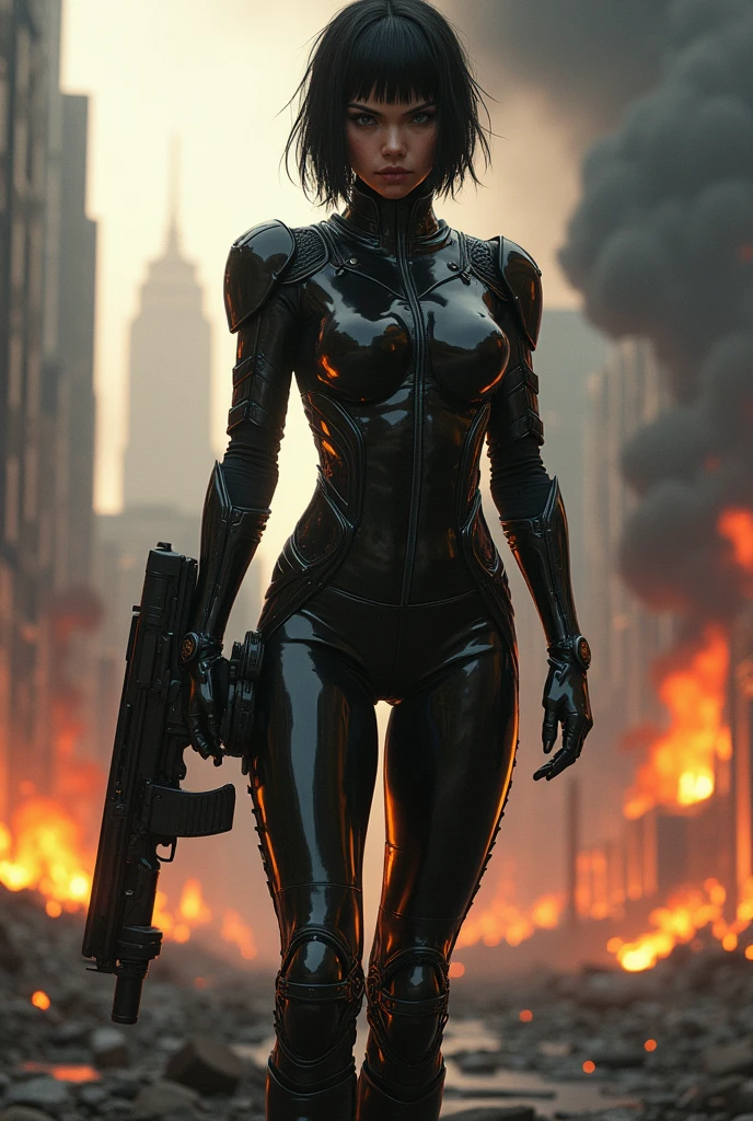 girl in a latex military uniform against the background of a burning city