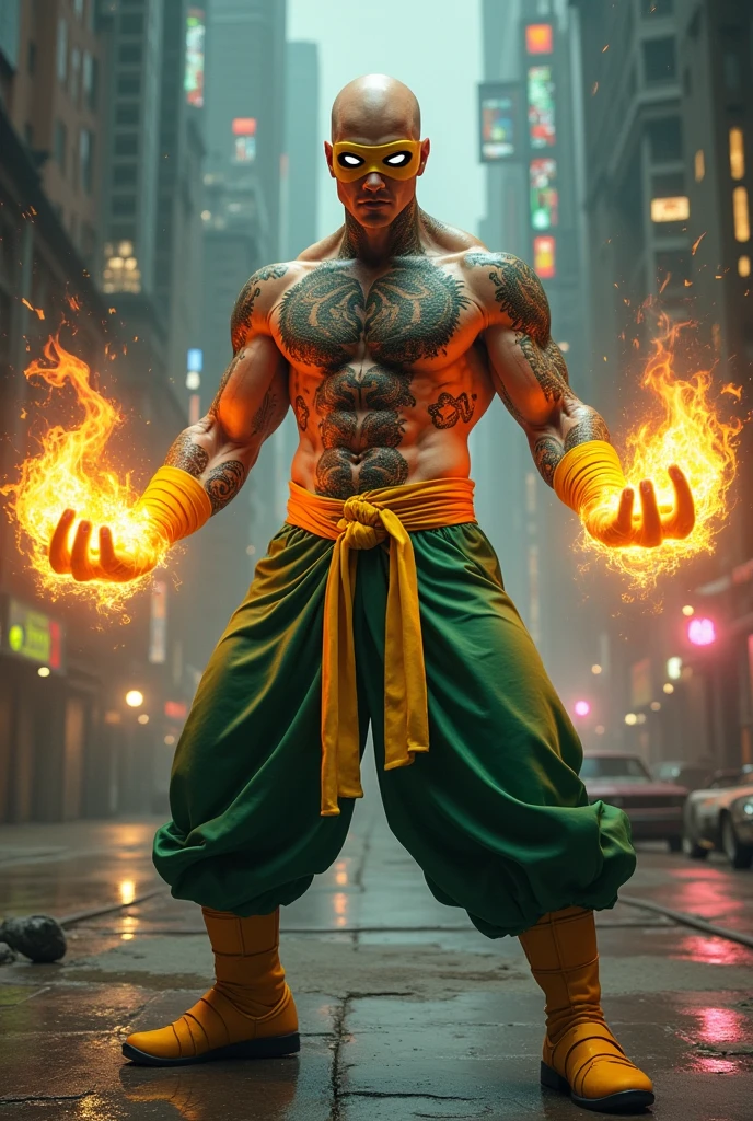 1man, no hair, shirtless, martial arts, yellow mask covers eyes and forehead, white eye patterns with black outline , muscular, green costume, yellow belt and boots, burning fists, black dragon tatto shapes into a circle, mystical city background