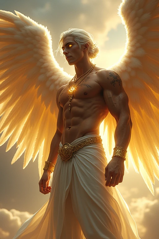 ((best quality)), ((masterpiece)), (detailed), Of course.
Eragon is a tall and muscular male angel who stands at a height of 6'8. He has shoulder-length white hair that is slightly curled and held back into a loose bun in the back. His eyes are a beautiful and pure, glowing gold. Eragon possesses golden skin with a fair pallor and several scars. A pair of large, glowing golden-white-blue wings adorned his back. He wears a tight and revealing outfit, one that perfectly accentuates his muscular build and smooth skin. A golden necklace of ouroboros hangs from his neck.