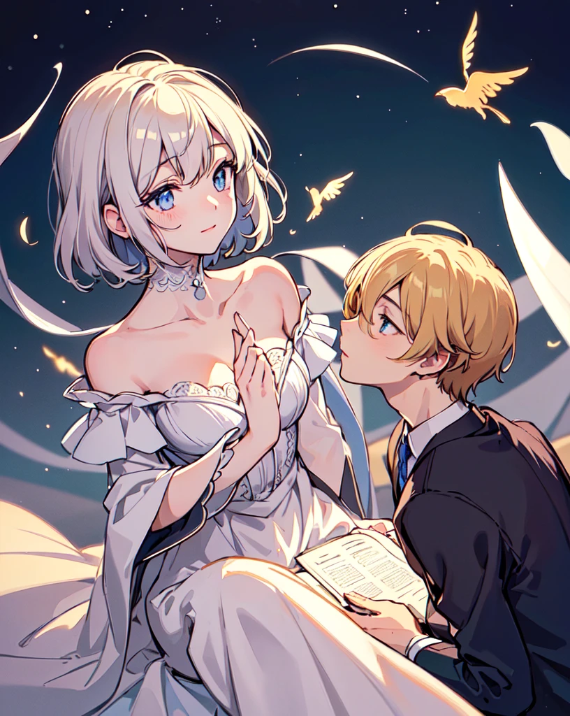 (best illumination, an extremely delicate and beautiful), night, 2boys in love (shoulder-length), look up, highly detailed, beautiful detailed eyes