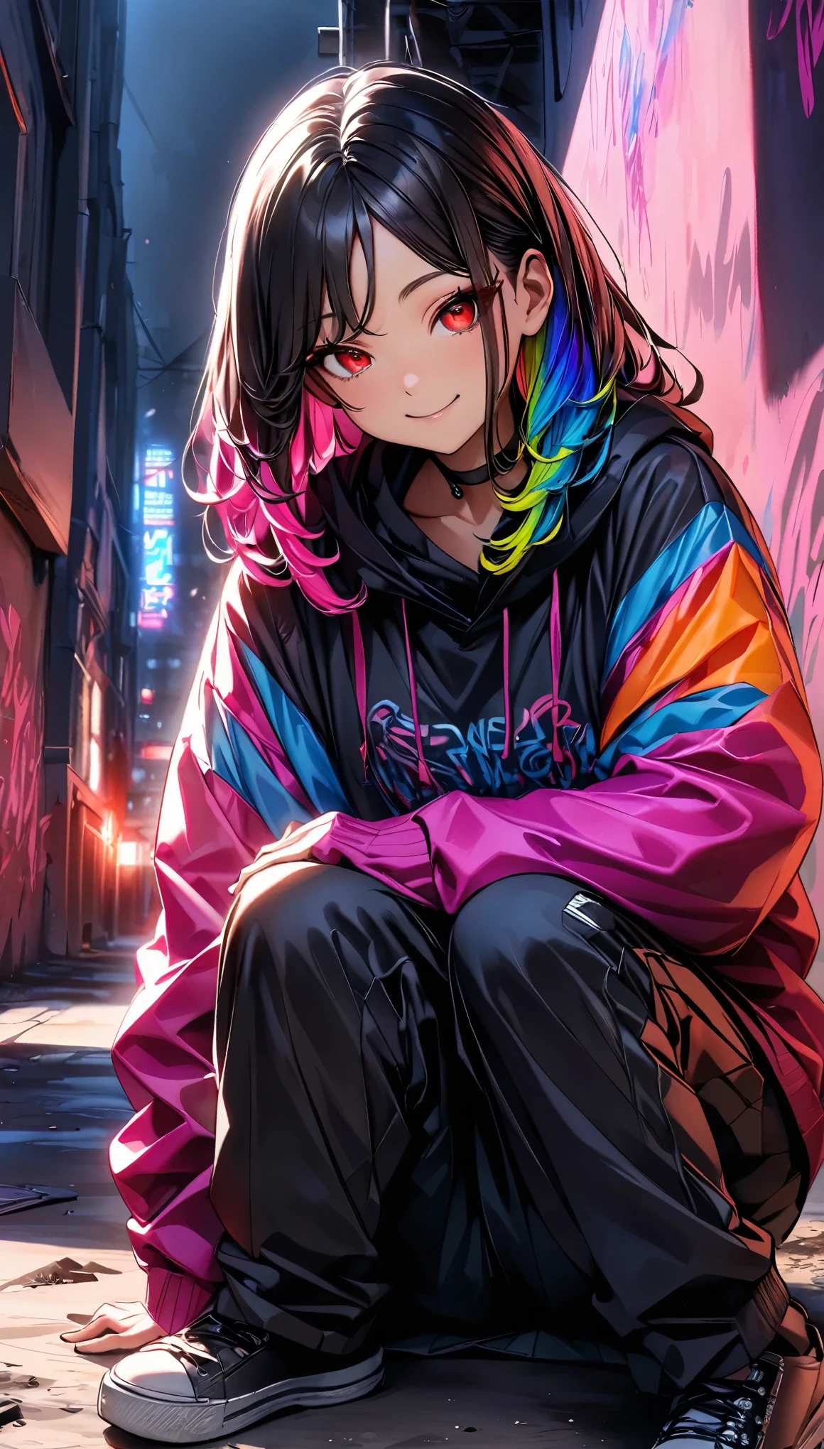 (Highest quality:1.2, Very detailed, up to date, Vibrant, Ultra-high resolution, High Contrast, masterpiece:1.2, Highest quality, Best aesthetics), (((1 person))), Light purple_Rainbow hair girl, Red eyes, Dreadlocks, Black surgical maskの着用, (Black surgical mask:1.2), at night, Colorful hoodies, Black oversized cargo pants, Black choker, (((Sit on the ground, Crouch down:1.4))), Painted walls. The background is a realistic dark slum, smile, Dark Theme, Neon Light, graffiti, at night, city, Dim lighting, mysterious, Glowing Skin, Random Pause:1.2, Perfect Fingers, Five Fingers, Anatomically correct, Background Blur.