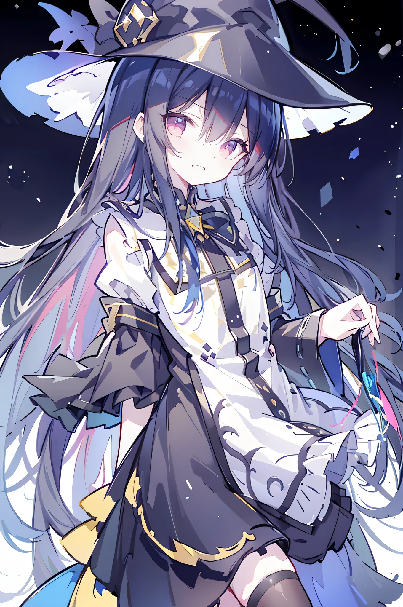 oung Girls,Humanity,A magician always smiles,big witch hat,cute,dark blue long hair,The eyes are dull,The bangs are heavy,Thin eyebrows,fantasy,intake,Double teeth,Star Theme,Constellation pattern,Solid color clothetal decoration,cloak,A bit of a dark atmosphere,A little crazy smile,When the big moon shines outside at night,blood,Hair black star embellishment,Short tie,No nails,High waist skirt,Bell sleeves,Long-sleeved shirt,Black tie,low risk,gentlemen。Mist、Yellow and white effect,Shocking pink as an accent color
