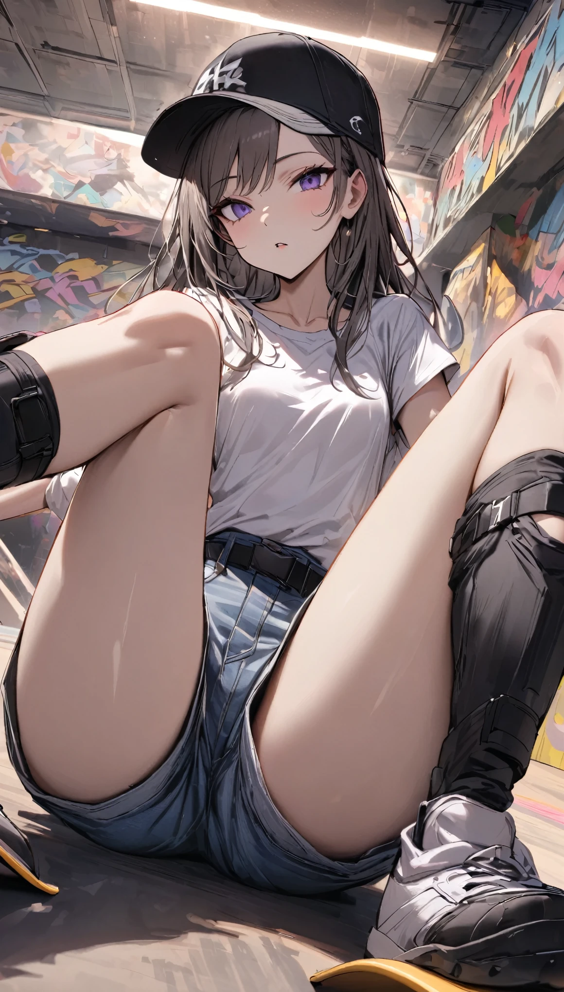 pornographic pose (spreading one's legs open wide with knees bent, creating the shape of the letter 'M'),Skateboard protection,from below,cowboy shot,,Dutch Angle,solo,1girl, ,{{kneepad:1.8}}, {{elbow pad }}, {{knee protector:1.8}}Focus on the thighs,{{Very slim legs:1.6}},masterpiece, (Textured skin), Highest quality, Gorgeous beautiful, slim body,(Female skateboarders),Elbow and knee protection,Detailed clothing,Small breasts,Tight waist,, (Beautiful Face),Loose fitting Denim shorts knee protector Loose fitting T-shirt baseball cap, Leg spread BREAK sit ,Skateboarding venue, Full Body sitting cross-legged clavicle