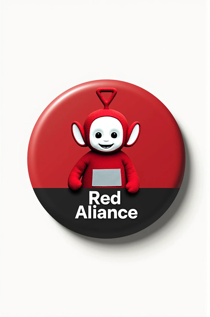 Create a badge with the red Teletubby and the phrase "Red Alliance" on a monochrome background.