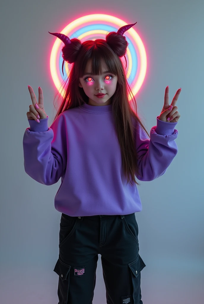  demon girl, Updo. Brown hair color.,halo color rainbow uses crystal lenses, black cargo pants, purple sweatshirt,WHITE TENNIS,poses for a photo making peace signs 