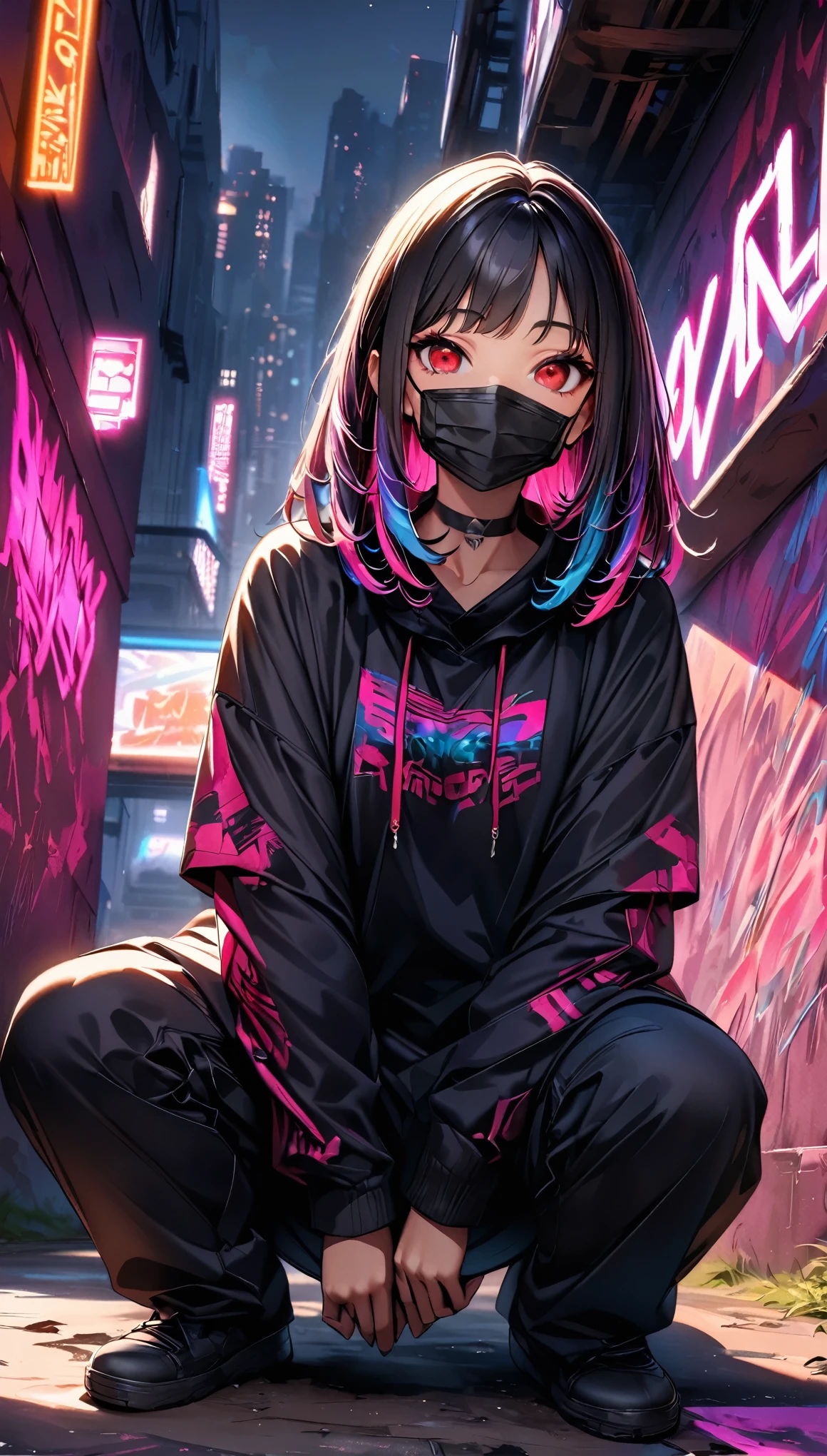 (Highest quality:1.2, Very detailed, up to date, Vibrant, Ultra-high resolution, High Contrast, masterpiece:1.2, Highest quality, Best aesthetics), (((1 person))), Light purple_Rainbow hair girl, Red eyes, Dreadlocks, Black surgical maskの着用, (Black surgical mask:1.2), at night, Colorful hoodies, Black oversized cargo pants, Black choker, (((Sit on the ground, Crouch down:1.4))), Painted walls. The background is a realistic dark slum, smile, Dark Theme, Neon Light, graffiti, at night, city, Dim lighting, mysterious, Glowing Skin, Random Pause:1.2, Perfect Fingers, Five Fingers, Anatomically correct, Background Blur.