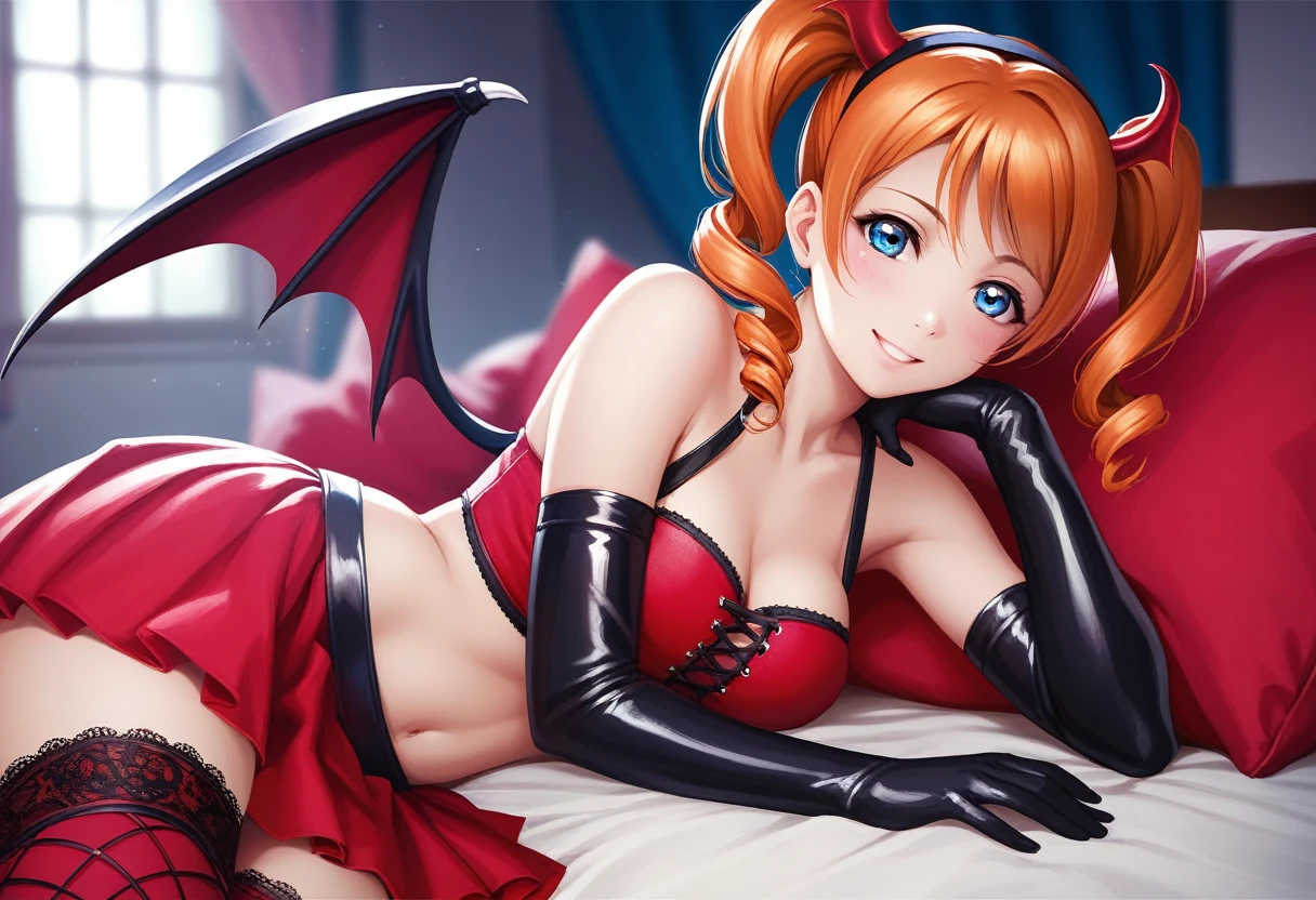 (Masterpiece, Best Quality, High Quality), realistic anime art, love live,kousaka honoka love live, dim night light,orange hair,blue eyes,red tube top,2thin straps top,red multilayer skirt,fake demon wings, twintails,drill hair, cross-laced thighhighs,lace elbow gloves ,fake demon horns, indoors, laying on side, sexy