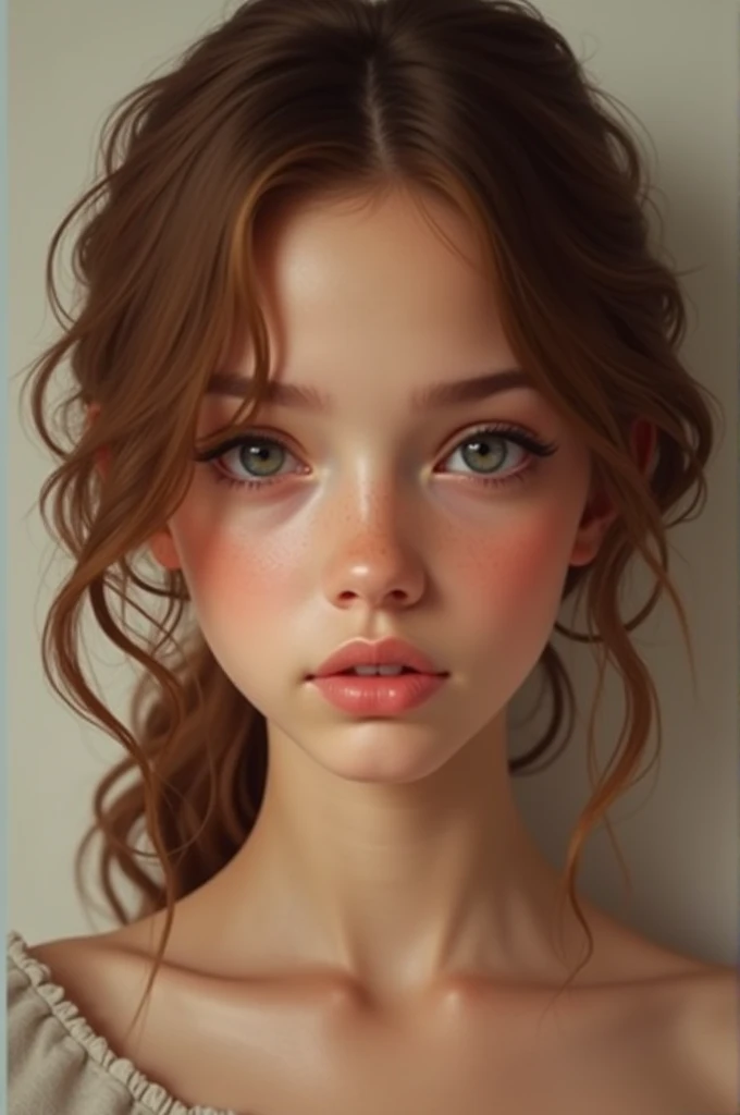 Generates a realistic front-view portrait with lots of lighting of a very white-skinned girl with slightly large pink cheeks., with freckles, showing tenderness, big light blue eyes, small nose, full lips and small mouth, long eyelashes, eyebrows, long and bushy brown, round chin not so marked, with hair up , that does not interfere with your face