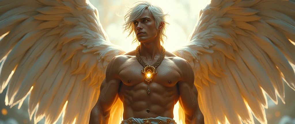 ((best quality)), ((masterpiece)), (detailed), Of course.
Eragon is a tall and muscular male angel who stands at a height of 6'8. He has shoulder-length white hair that is slightly curled and held back into a loose bun in the back. His eyes are a beautiful and pure, glowing gold. Eragon possesses golden skin with a fair pallor and several scars. A pair of large, glowing golden-white-blue wings adorned his back. He wears a tight and revealing outfit, one that perfectly accentuates his muscular build and smooth skin. A golden necklace of ouroboros hangs from his neck.