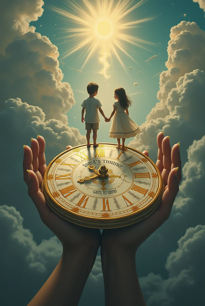 An image of boy and girl standing on two hands of a horizontal clock that saying god's timing