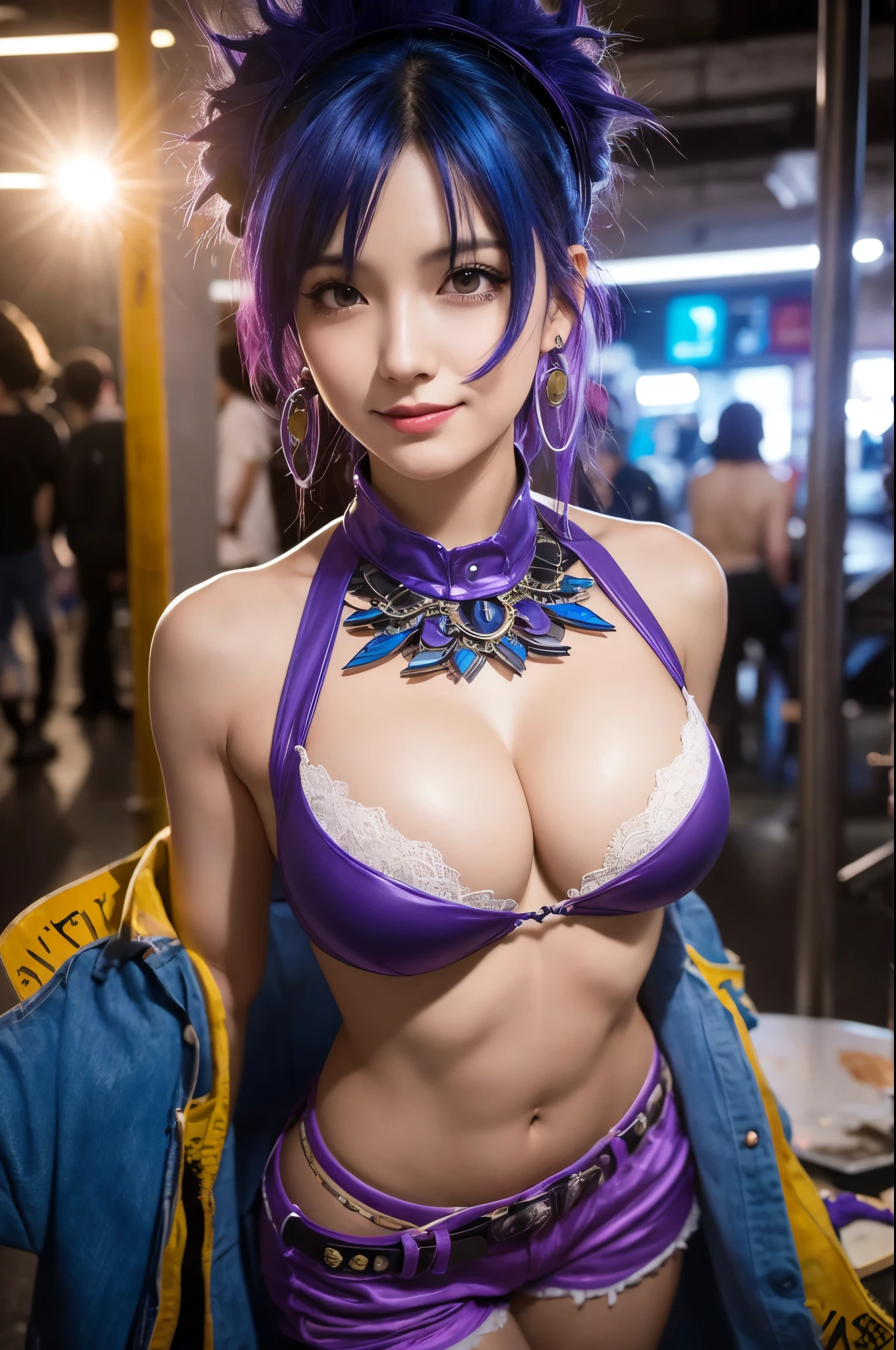 (8k,Masseter muscle area:1.2、Highest quality)、(Live Action、Intricate details)、(One person、solo、Upper body、Huge boobs) Cyberpunk Costumes、charm的　Avant-garde、Experimental Appearance: blue mohawk hair、Realistic Skin　Dramatic makeup、: charm的,Sexy Costumes,Shorts,Counter、provocative Location: Urban Arts District、Laughter　Hobbies of the underground music scene: Attend a punk show、Create mixed media art、Experiment with the values of different subcultures: personality、credibility、Inspiration for creative expression: Punk Rock Music、A symbol of counter culture、avant-garde art movements Personality traits: Boldness、Boldness、Unconventional。Beautiful expression　charm　(Realistic Skin)　Ultra-high resolution　Surreal　Advanced Details　Purple Earrings　Split Avemar Paladin　woman,Surrealな肌,A look of pleasure,Top View,Rich colors, Backlight, Cinema Lighting, Film Grain, 50mm lens, Nikon D850,Ultra-high resolution,Ultra-realistic,Compensate,Super sexy,Show large cleavage,Dynamic sexy pose,Big smile,