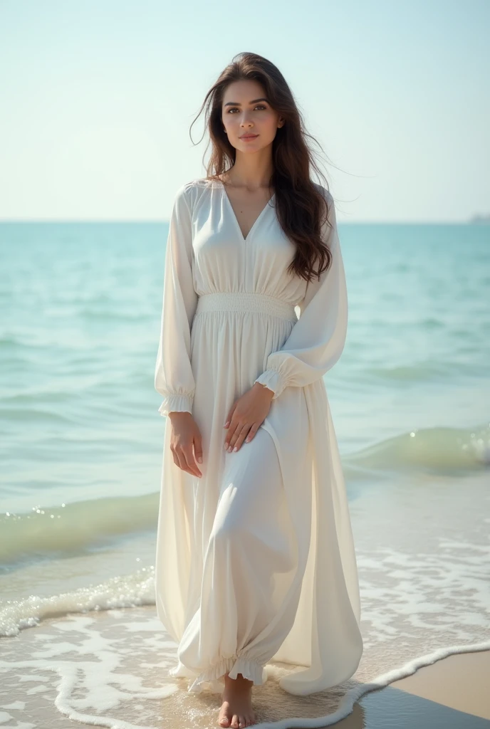 A 25 years woman who looks like Ayeza Khan, with fair skin, hazel eyes, and charming dimples, is standing on a beach. She is wearing a stylish, modest Western dress with no skin showing, and she is gently dipping her feet into the water. The background features a serene beach scene with gentle waves lapping at the shore and a clear, sunny sky."