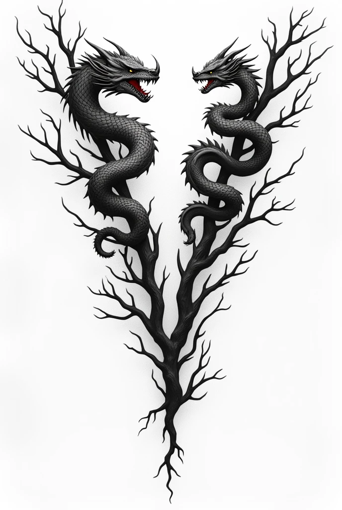 Tattoo template where a snake wraps around branches on the left collarbone and hisses, where you can see fangs, and on the right a baby dragon which also wraps around branches and hisses, where you can see teeth, all in black and white 