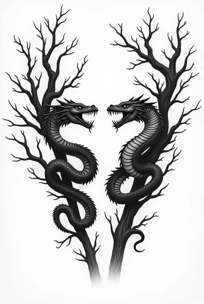 Tattoo template where a snake wraps around branches on the left collarbone and hisses, where you can see fangs, and on the right a baby dragon which also wraps around branches and hisses, where you can see teeth, all in black and white