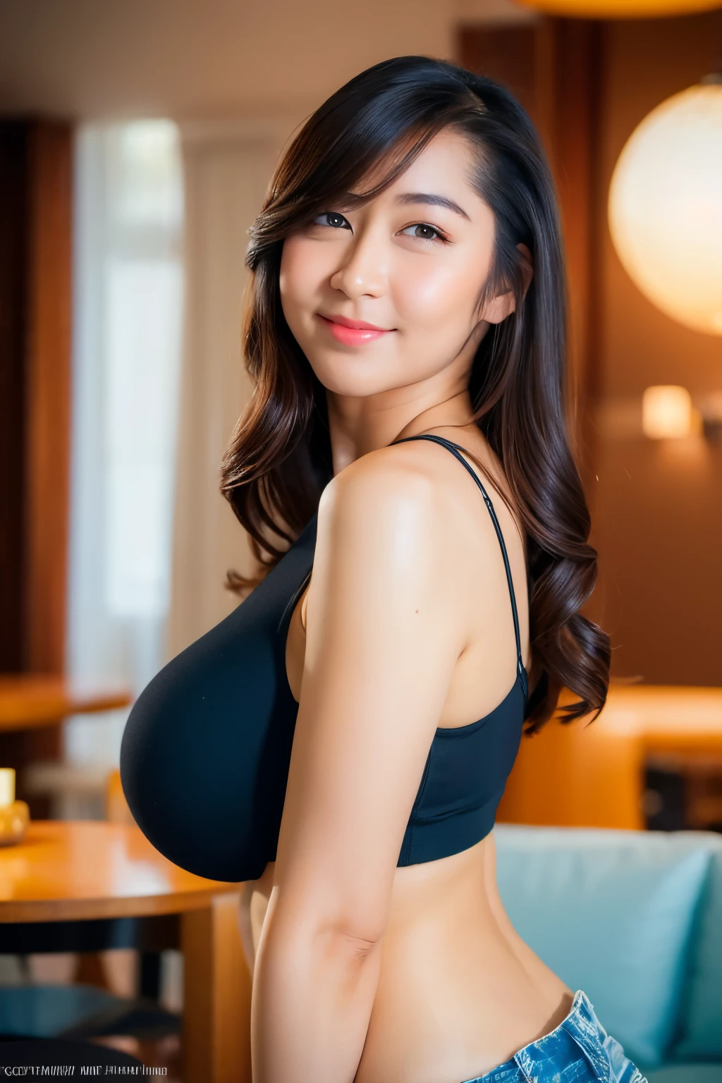 standing, miniskirt, crop top, clothing cutout, looking at camera, front view, long hair, bangs, (detailed face), at livingroom, tempting pose, potrait body, mouth closed, light smile, black eyes, 1 girl, 20yo,Young female,Beautiful Finger,Beautiful long legs,Beautiful body, Beautiful Nose,Beautiful character design, perfect eyes, perfect face,expressive eyes,perfect balance, (looking at viewer),extremely detailed CG unity 8k wallpaper, White skin, (masterpiece:1.0), (best_quality:1.0), ultra high res,4K,ultra-detailed, photography, 8K, HDR, highres, absurdres:1.2, Kodak portra 400, film grain, (vibrant_color:1.2),professional photograph, (Beautiful,huge_Breasts:1.4), (beautiful_face:1.5),(narrow_waist)