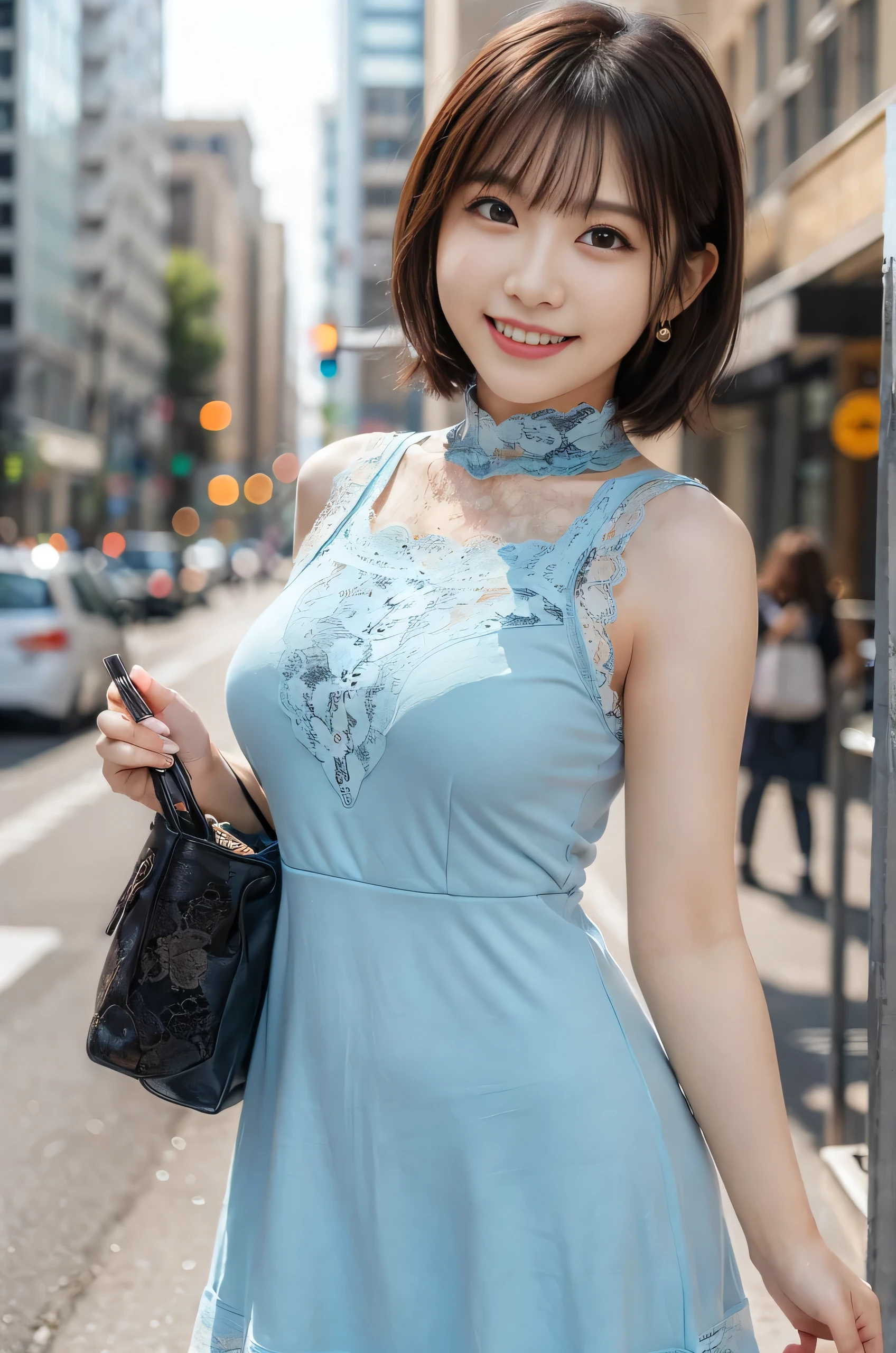 a woman posing on the street corner with light Blue clothes on, Highest quality, 1peopleの, Large Breasts, Day, bright, Blur the background, Bokeh, Outdoor, (street:0.8), (people々, crowd:1), (lace trim dress:1.5, Sleeveless dress, Light blue clothes, Light blue high neck dress:1.2, Blue clothes: 1.5), nice, (short hair, amount:1.2), Beautifully detailed skies, Earrings, (Dynamic pose:1.2), (Upper Body:0.8), Soft lighting, Wind, Glowing Skin, smile,