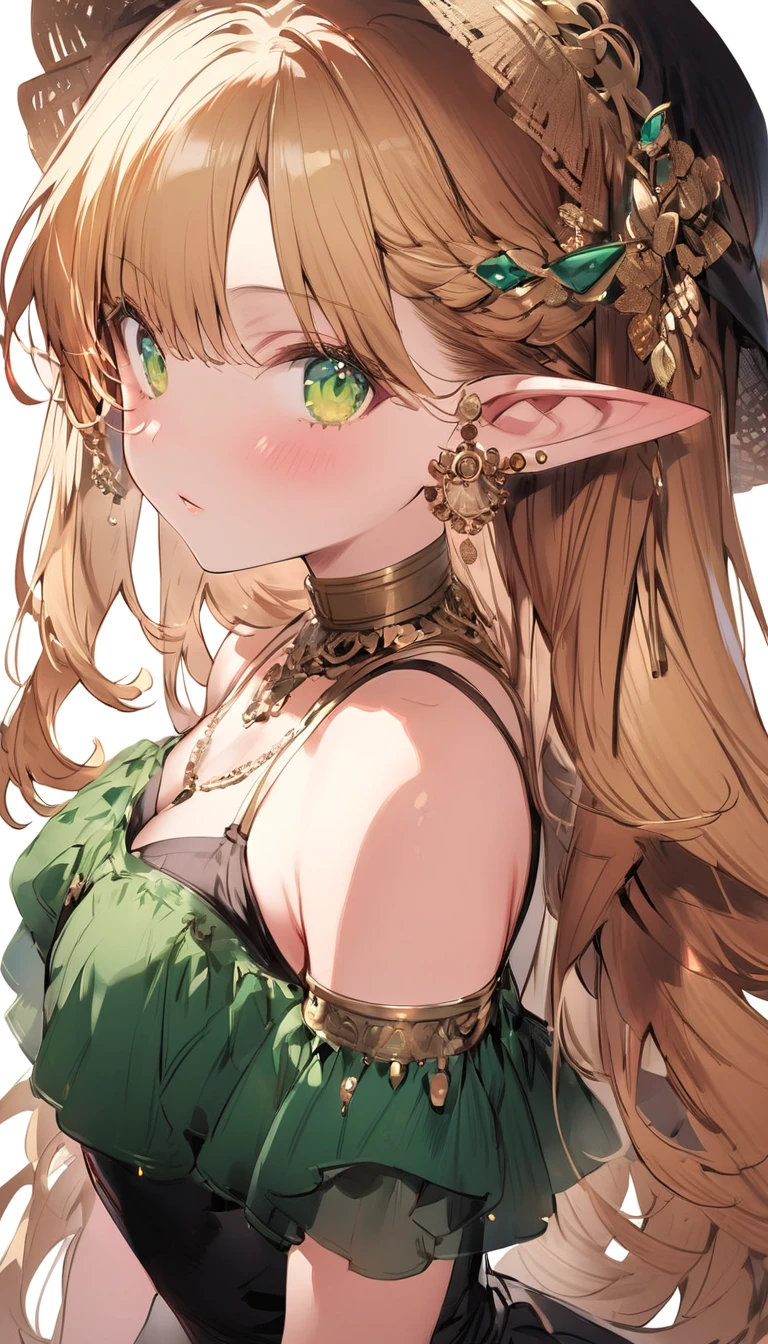 (1girl:1.3), (elf girl:1.3), (long blonde hair:1.2), (vibrant green eyes:1.3), (black dress:1.2), (seductive pose:1.1), (hand raised:1.0), (detailed clothing:1.1), (pointed ears:1.2), (delicate jewelry:1.1), (shadowverse style:1.2), (clean anime art:1.2), (feminine beauty:1.1), (gentle blush:1.0), (subtle lighting:1.0), (white background:1.3), (increasing the weight makes things worse)