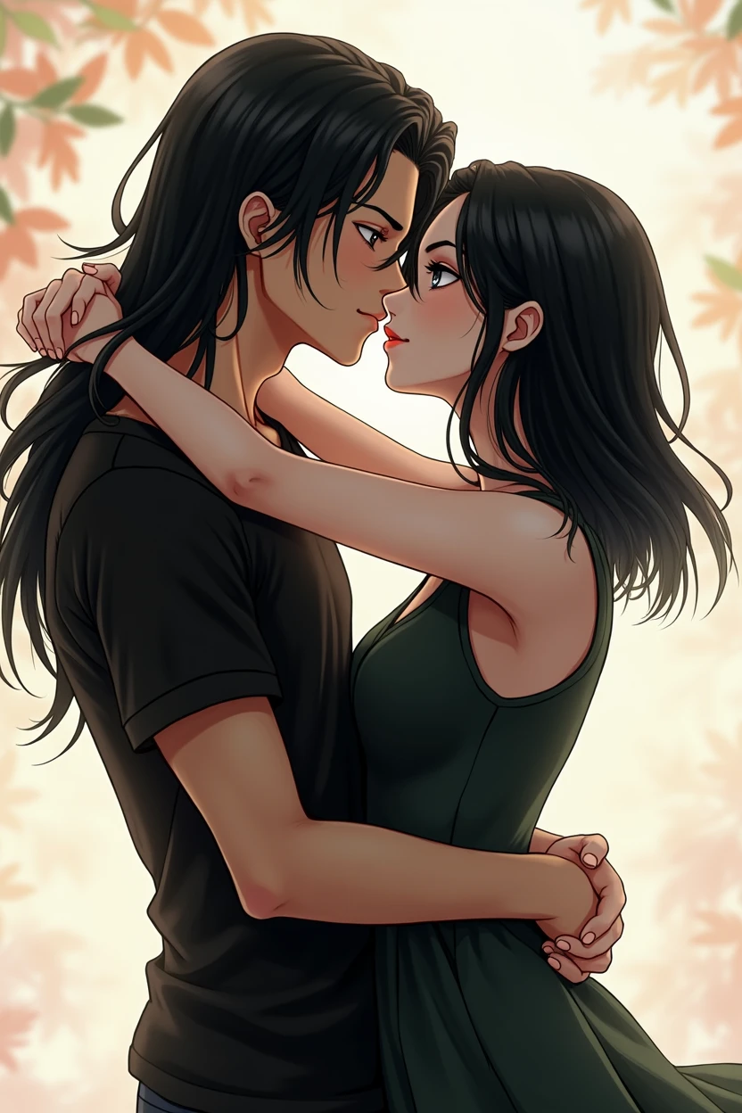 2 people, boy, very beautiful, long black hair, beautiful body, Black T-shirt, black trousers, grey eyes, kisses a girl with shoulder-length black hair and green eyes