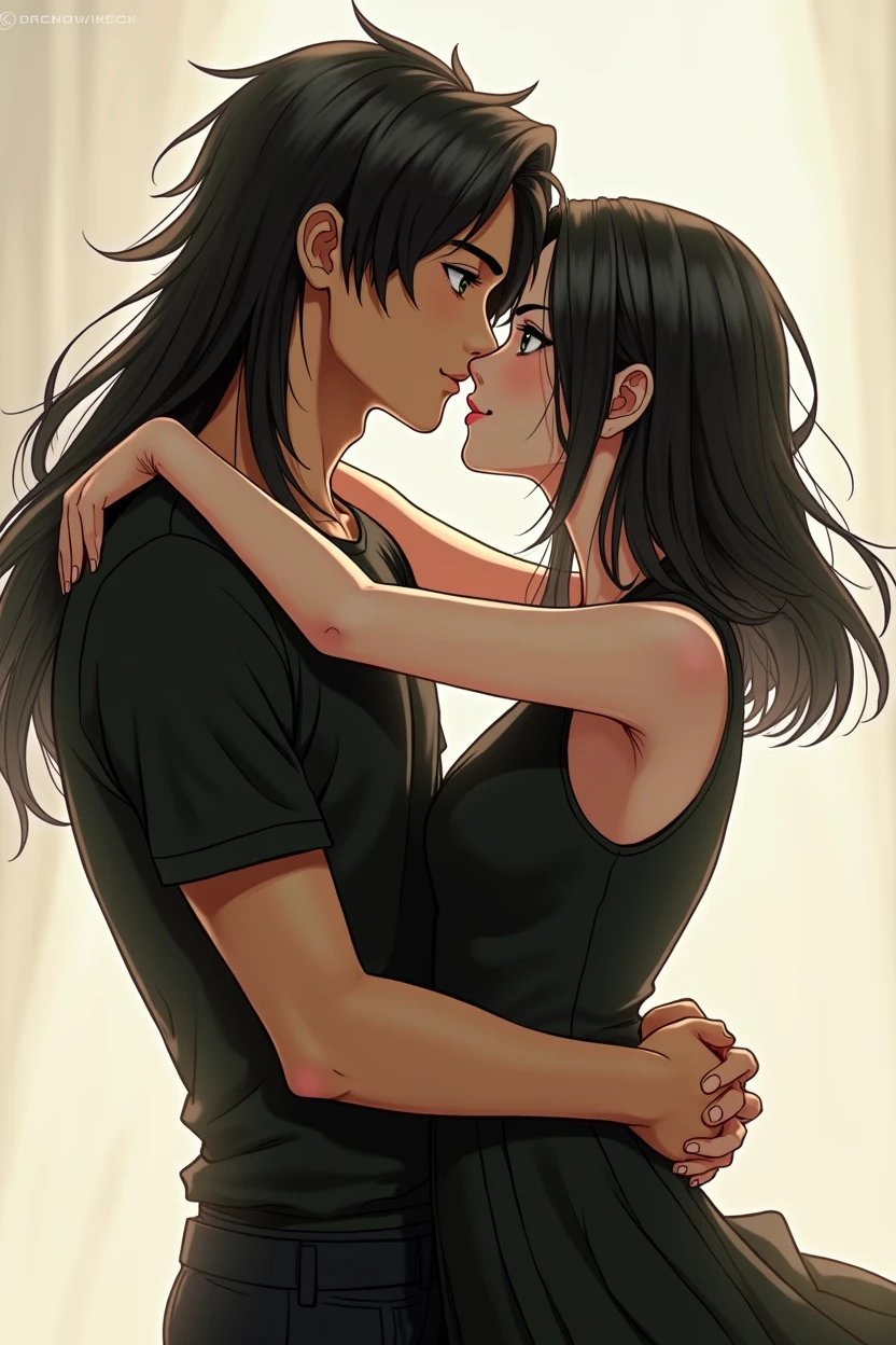 2 people, boy, very beautiful, long black hair, beautiful body, Black T-shirt, black trousers, grey eyes, kisses a girl with shoulder-length black hair and green eyes