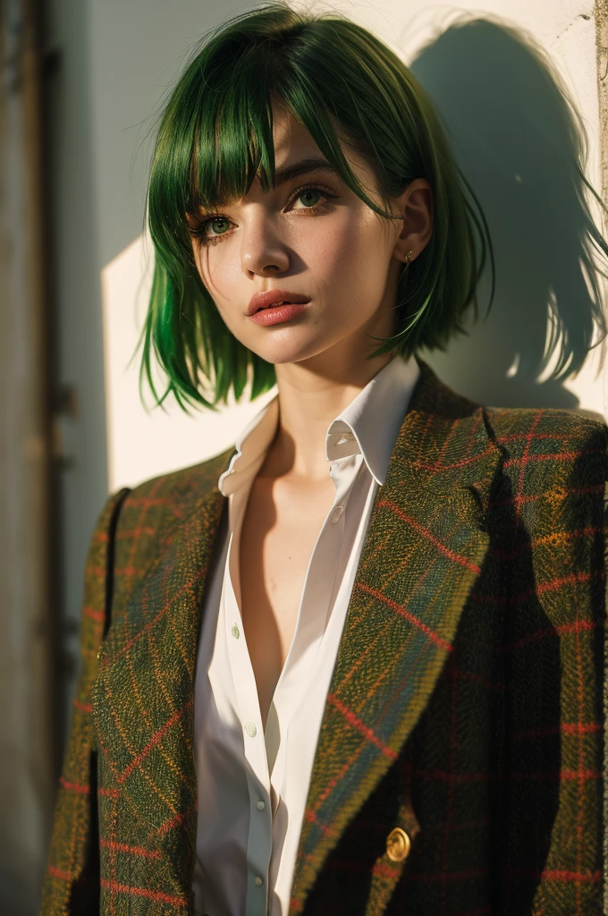 Instagram Photos, French woman, 21 years old, square hair cut,Green Hair, Tweed jacket, Neckline, pale, Sharp Shadow,whole body,Pure white background