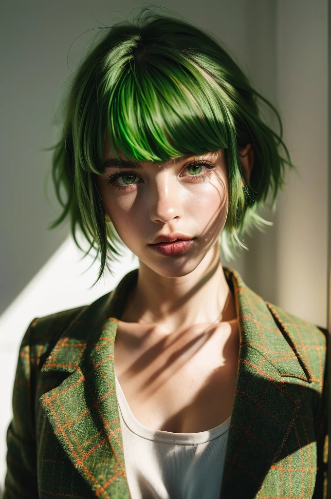 Instagram Photos, French woman, 21 years old, square hair cut,Green Hair, Tweed jacket, Neckline, pale, Sharp Shadow,whole body,Pure white background