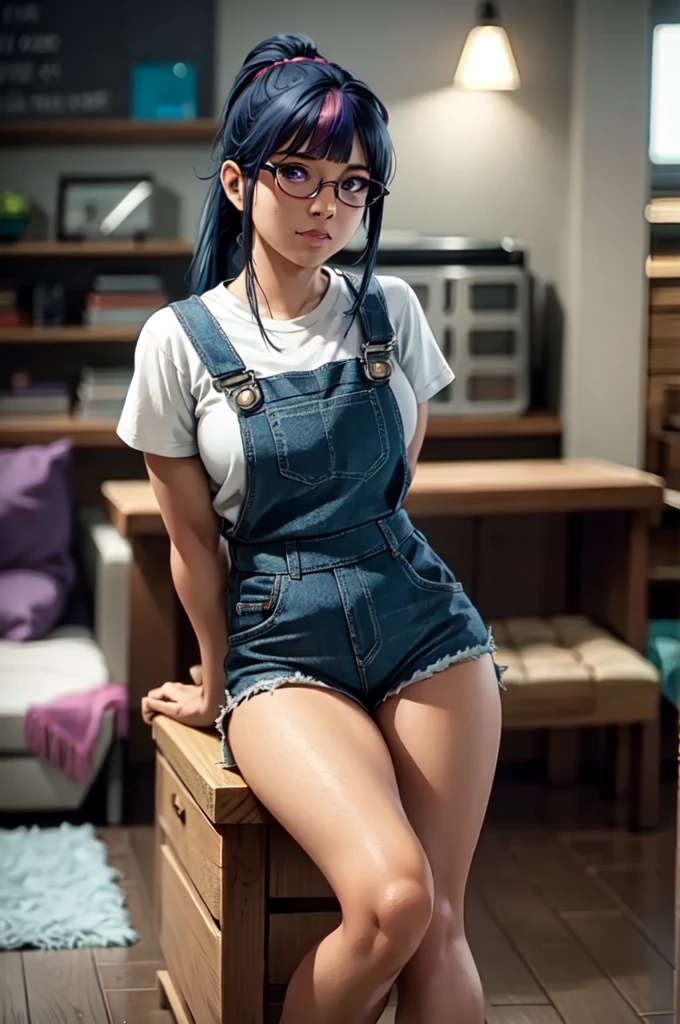 Masterpiece, Ultra-detailed Realistic TwilightHuman, 1girl, Solo, Insane Detail, 8k Resolution, long blue hair, purple eyes, glasses, blunt bangs, Ponytail hair style, Hair pulled back, full body, Detailed realistic face, plain background, overalls, shorts, shirt, toolbelt